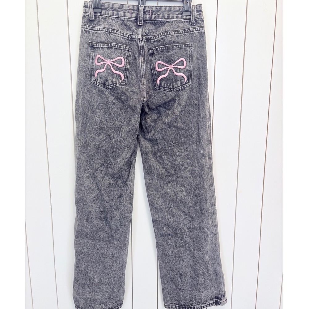 Coquette Grunge Jeans Women 1/25 Grey Acid Wash Bow Embroidery 90s